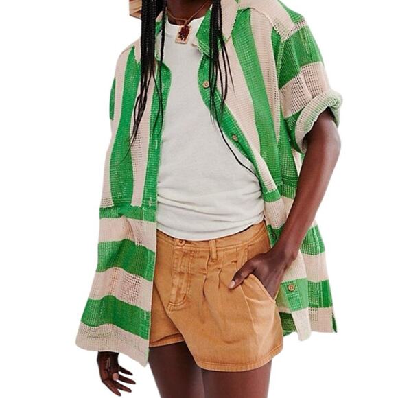 We The Free People Del Mar Cabana Shirt Green Tan Stripe NWOTs size large - Picture 2 of 13